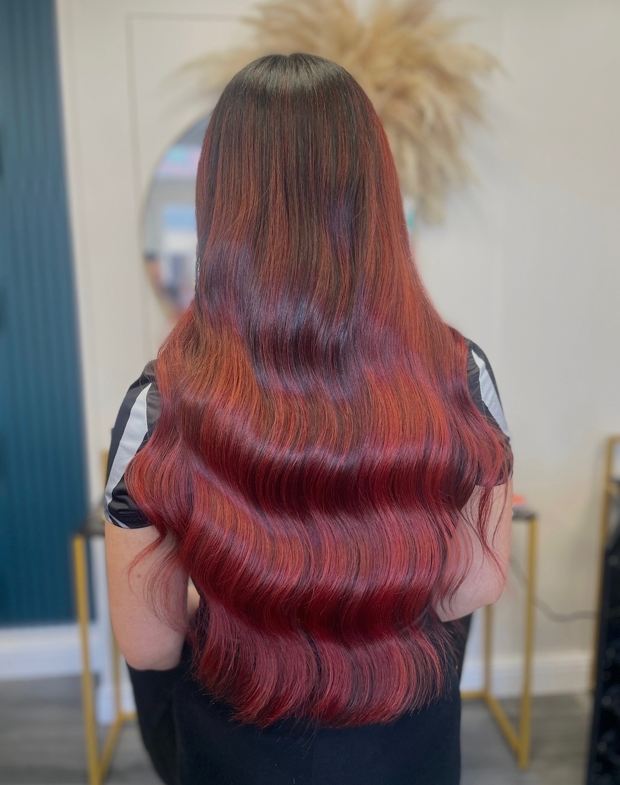 Red balayage with a shadow root at ELM Hair and Beauty, Wrexham