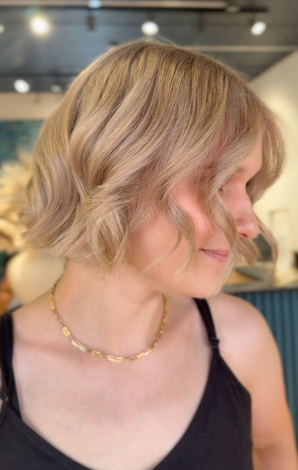 Blonde wavy bob haircut at ELM Hair and Beauty, Wrexham
