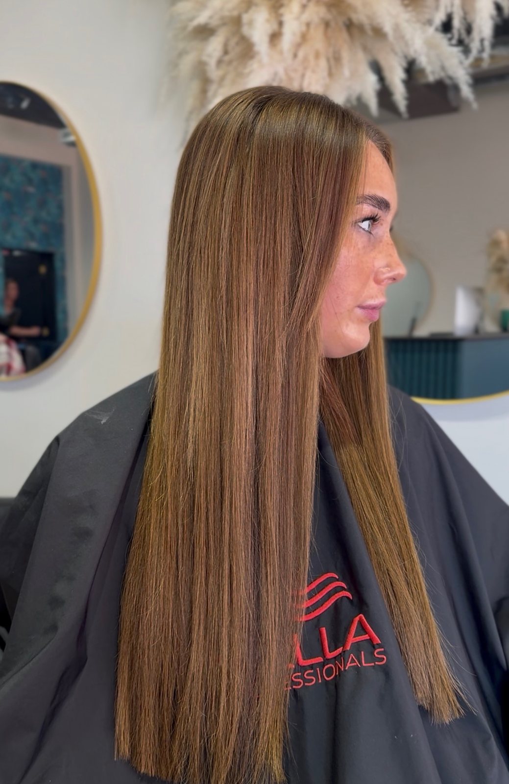 Long straight brunette hair extensions blended at ELM Hair and Beauty, Wrexham