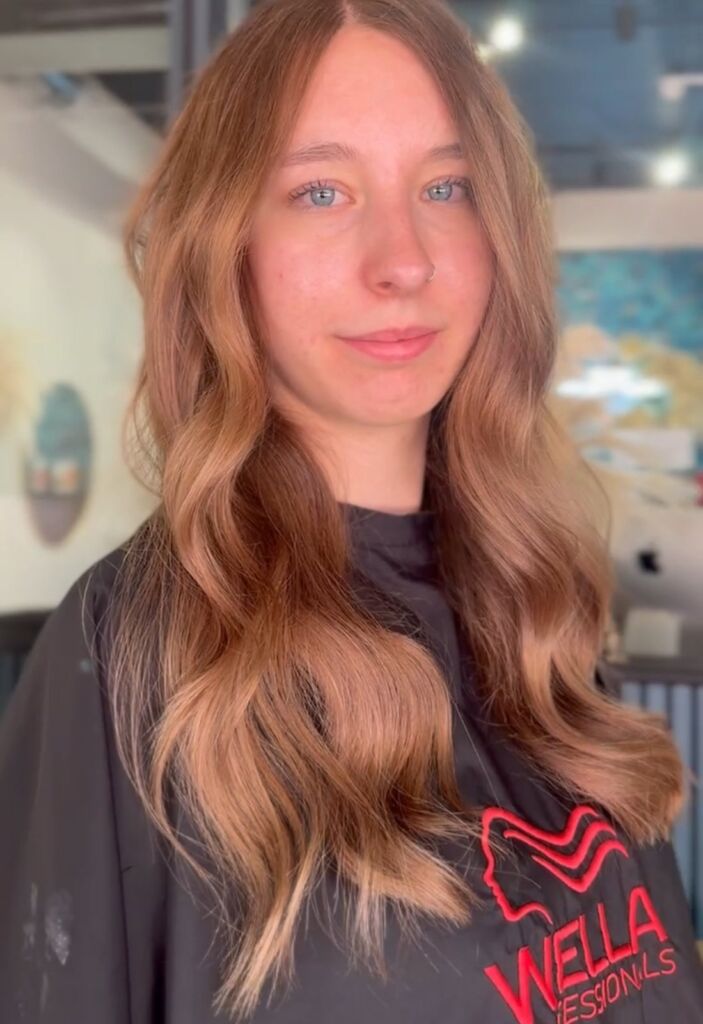 Warm copper blonde hair colour at ELM Hair and Beauty in Wrexham