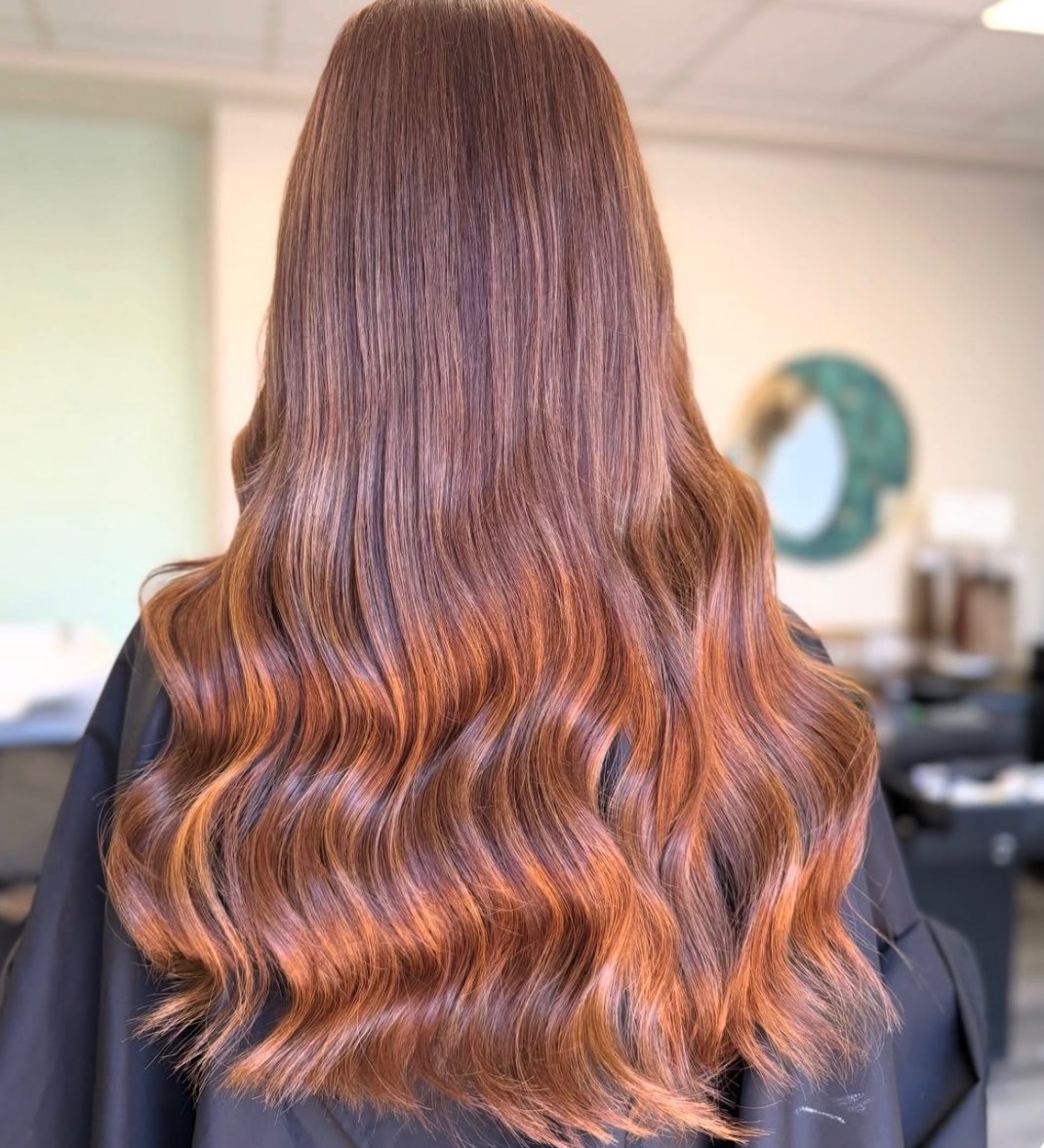 Copper hair extensions with waves at ELM Hair and Beauty, Wrexham